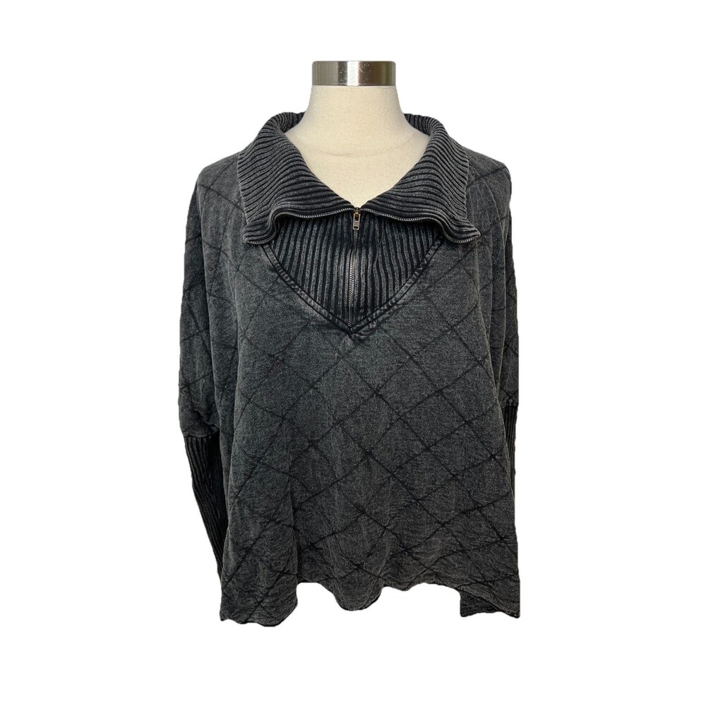 Free People One Oversized 1/4 Zip Sweatshirt Top Quilted Cropped L Wash Black